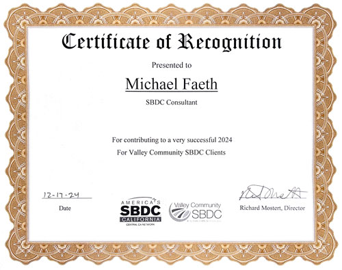 Certificate of Recognition from the SBDC to Michael Faeth.