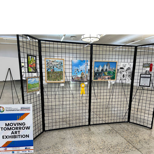 A display of all seven artworks entered into the Moving Tomorrow Art Exhibition held in 2025 by the Fresno Arts Council