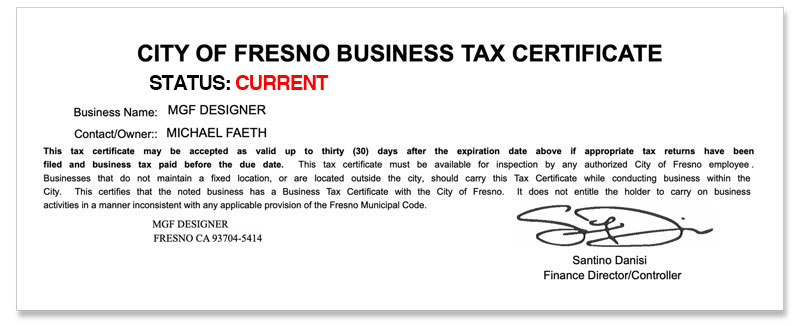 The City of Fresno business license of MGF Designer
